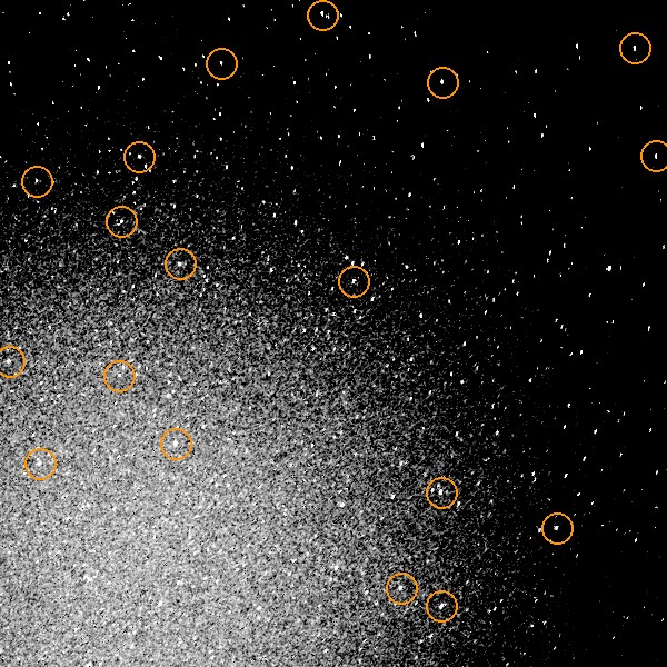 One 600-pixel crop of the green channel, as the solver saw it. The circles are the 18 stars it matched to the catalogue — that match is what turns a picture into a measurement. The bright wash to the lower left is the sky itself, which is the subject of the companion note.