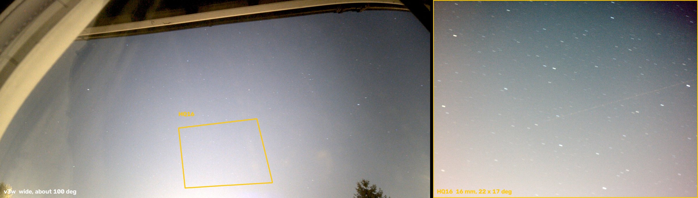 The v3 Wide view of the southern sky with the HQ16's much narrower field outlined in yellow, and the HQ16 frame beside it