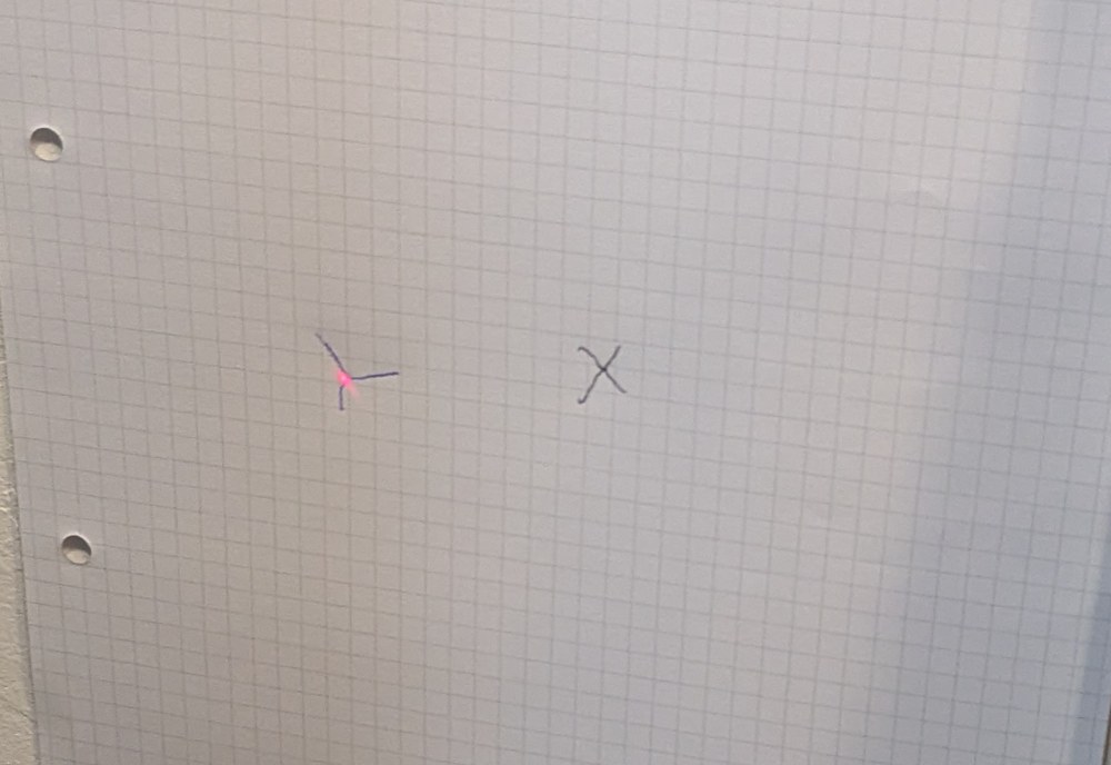 Graph paper on the left wall with two pencil crosses, the red laser dot on the left one